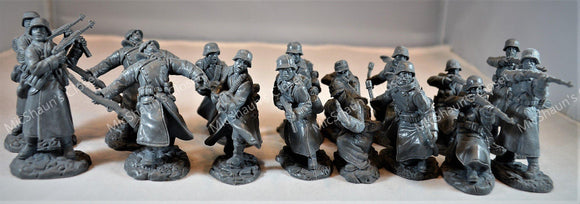 Sixteen dark grey TSSD WWII German long coat infantry soldiers in varying battle and casualty poses